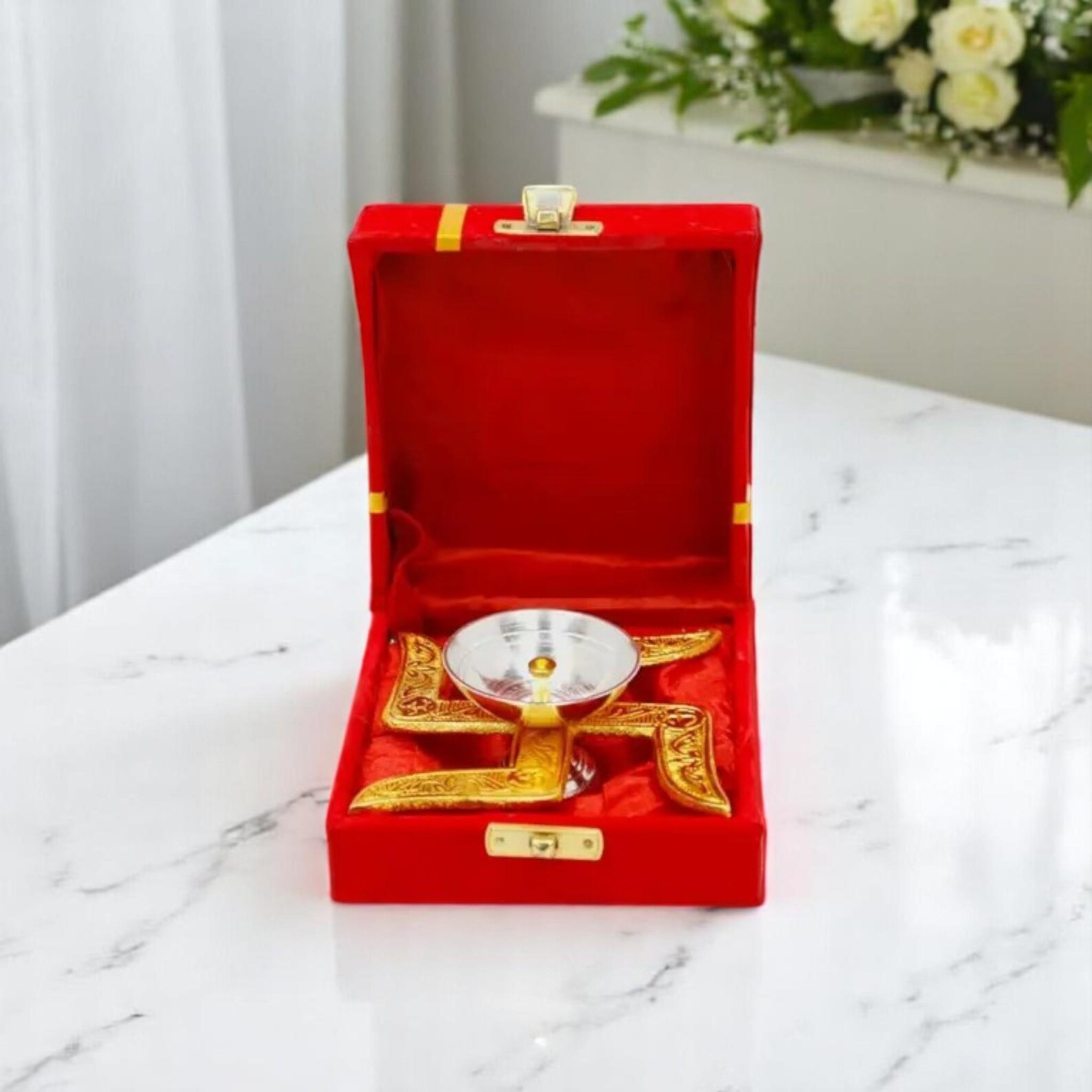 Brass and Stainless Steel Swatik Diya with Red Velvet Box