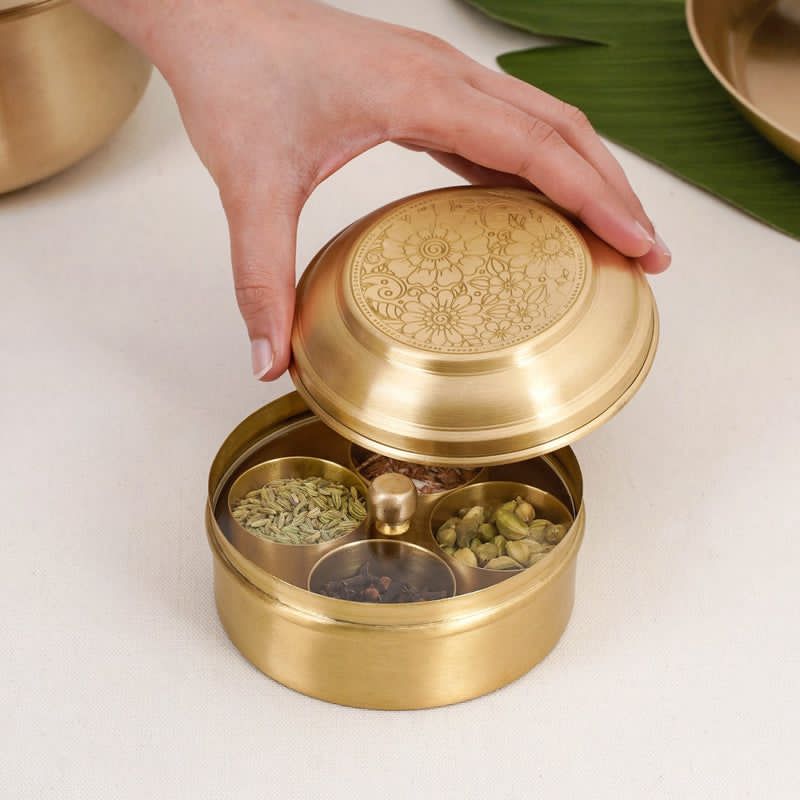 ecorative Spice Box with Lid - 100% Pure Brass Holder with 4 Storage Containers | Vintage Supari & Mukhwas Box with Floral Engravings 