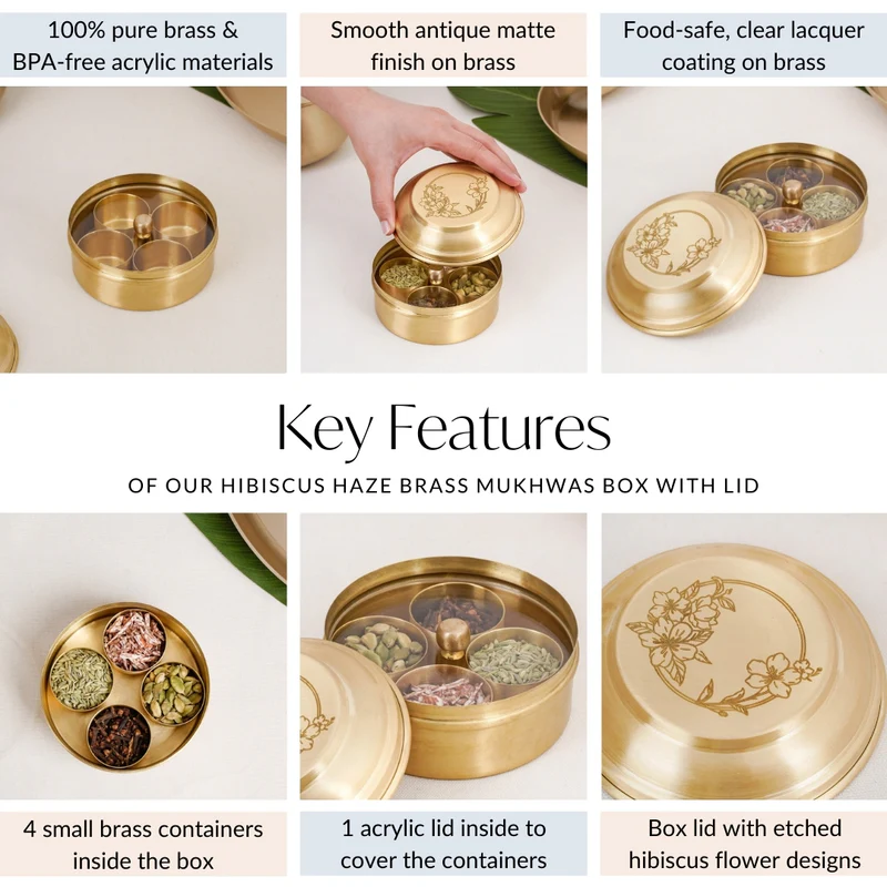 ecorative Spice Box with Lid - 100% Pure Brass Holder with 4 Storage Containers | Vintage Supari & Mukhwas Box with Floral Engravings 
