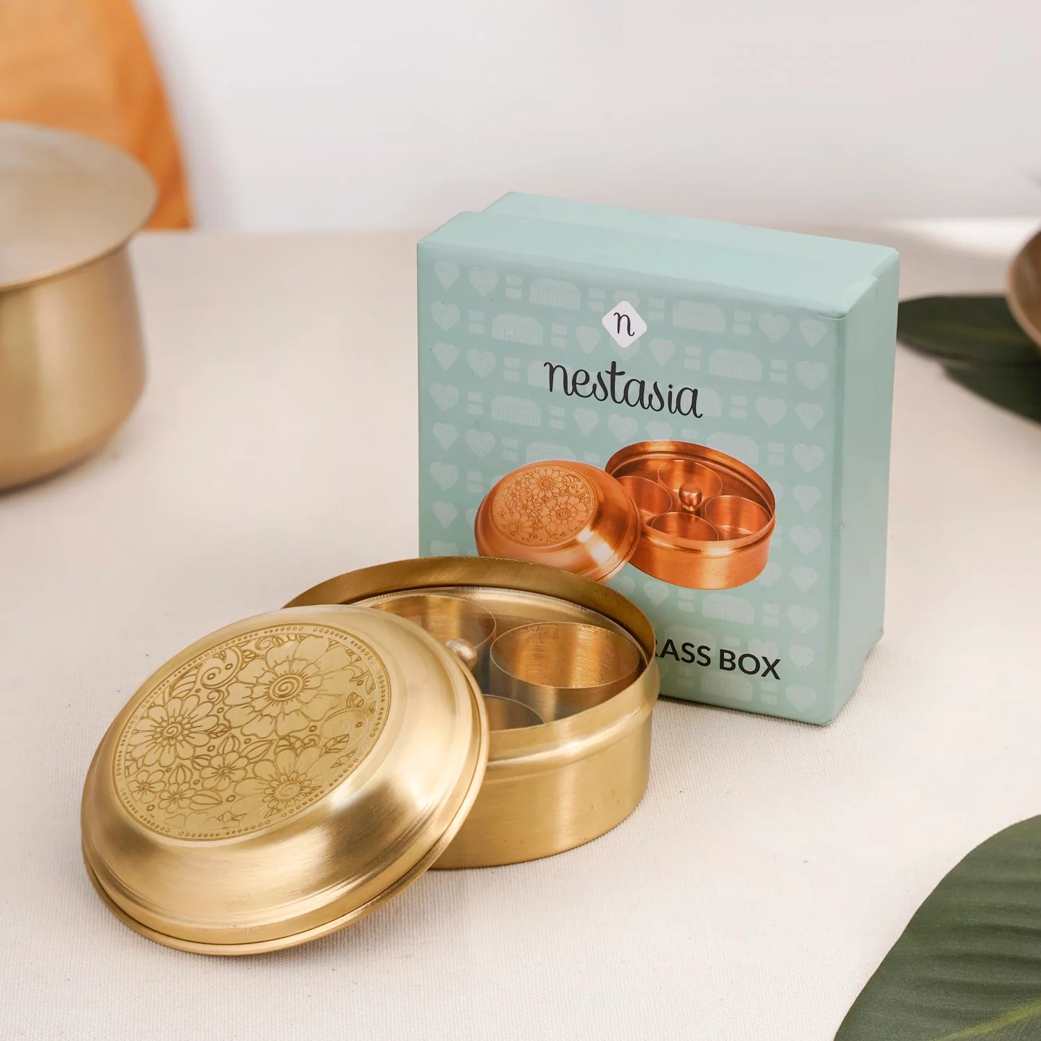 ecorative Spice Box with Lid - 100% Pure Brass Holder with 4 Storage Containers | Vintage Supari & Mukhwas Box with Floral Engravings 