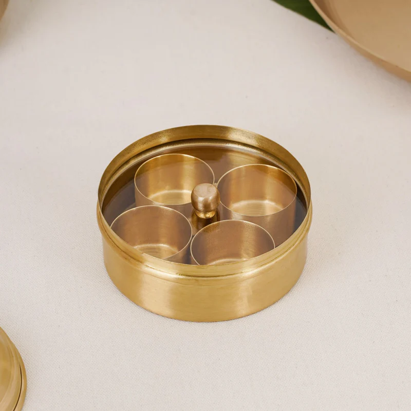 ecorative Spice Box with Lid - 100% Pure Brass Holder with 4 Storage Containers | Vintage Supari & Mukhwas Box with Floral Engravings 