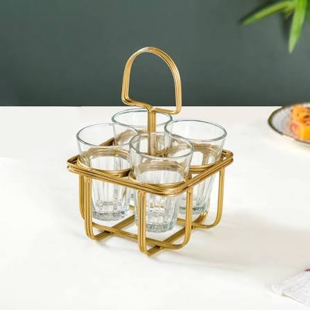 Cutting Chai Glass Set of 4 with Golden Metal Stand