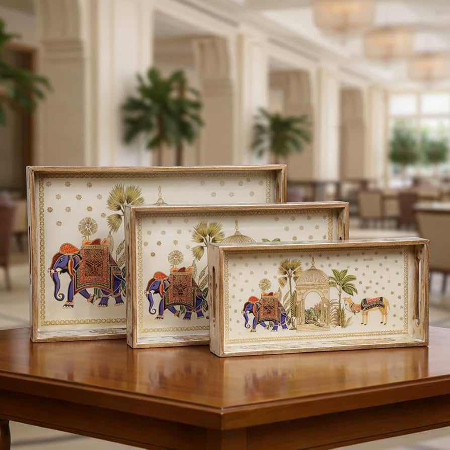 Hand Painted Wooden Serving Tray (Set Of Three) Mango Wood 