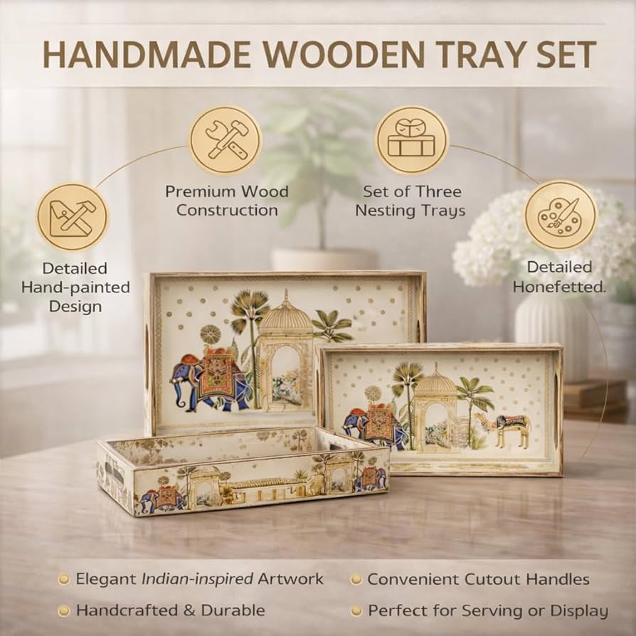 Hand Painted Wooden Serving Tray (Set Of Three) Mango Wood 