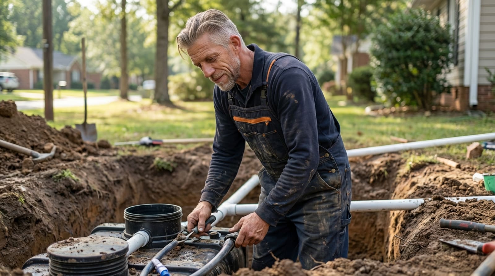 Technician inspecting a septic tank system by Chattanooga Septic Tank in Chattanooga, TN