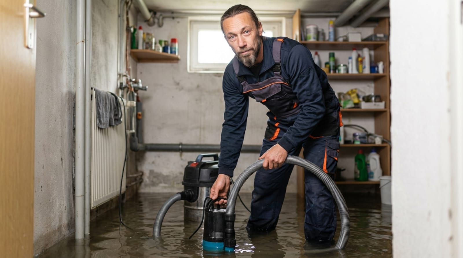 Basement flood cleanup team removing standing water from a flooded basement in Norfolk, VA