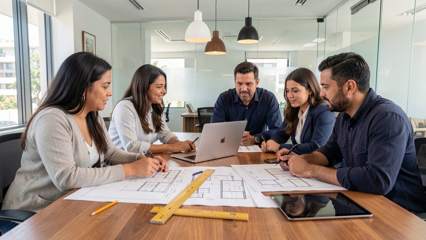Equipo de diseño revisando planos y medidas de un proyecto