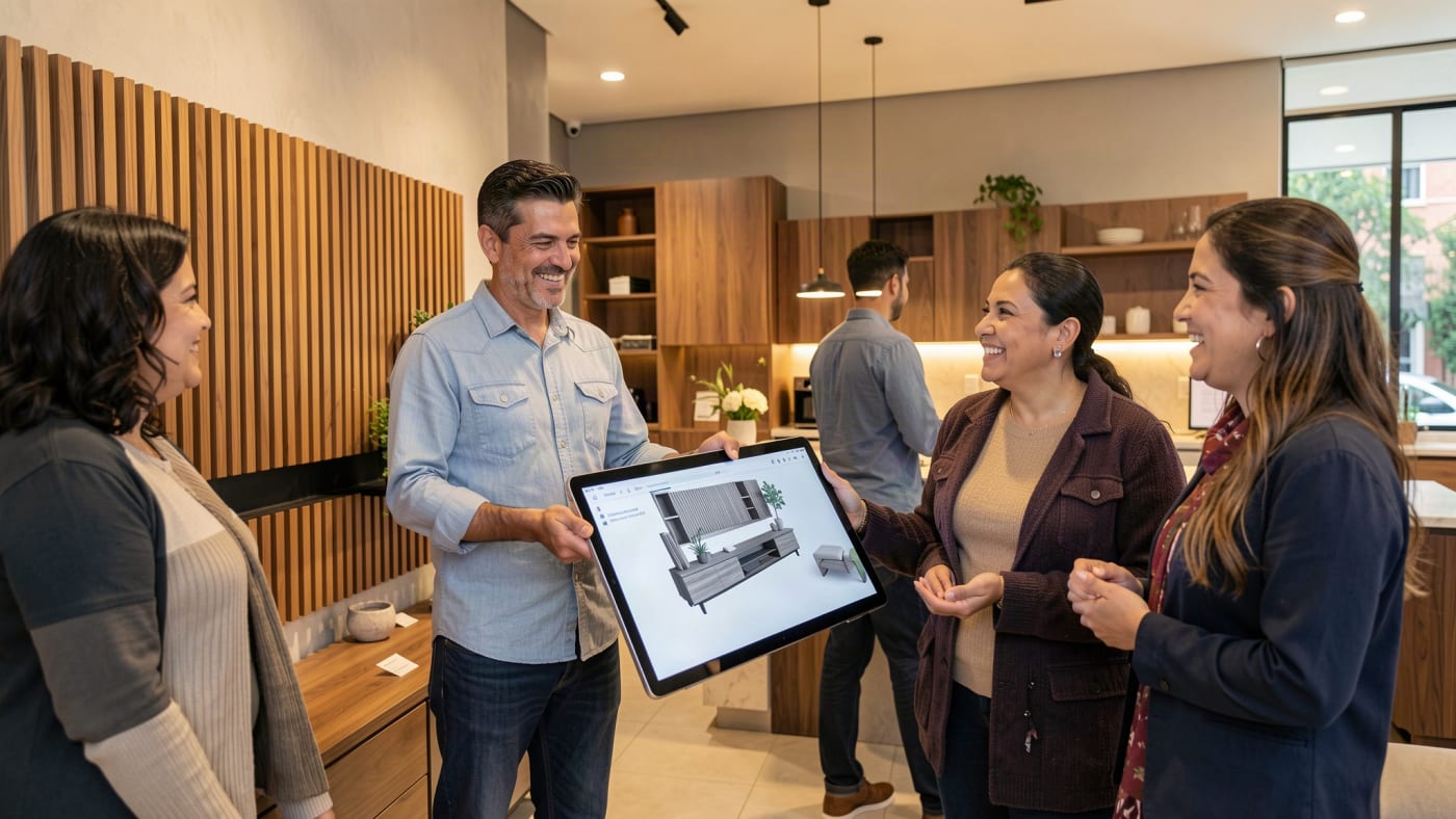 Diseñadores presentando un proyecto de muebles al cliente