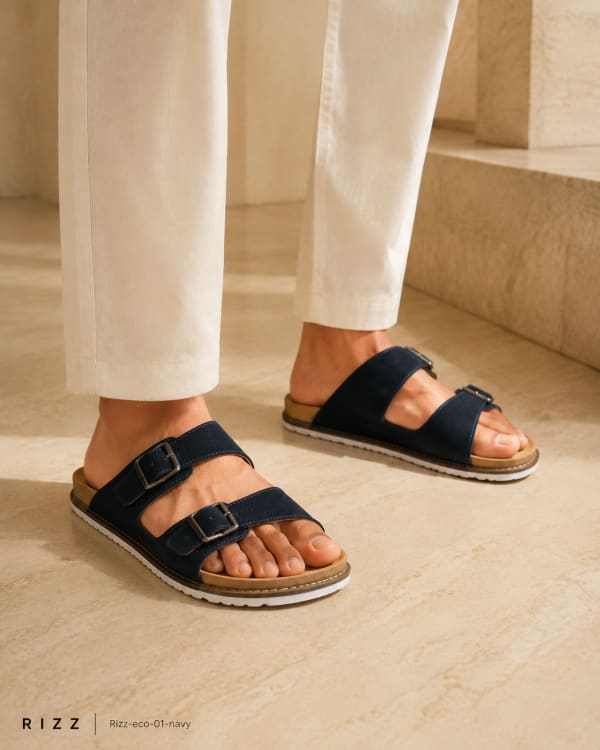 RIZZ Eco-01 Premium Double Buckle Suede Sandal - Navy Blue