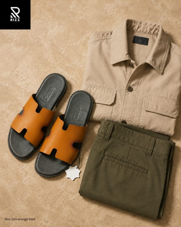 RIZZ 014 Premium H-Strap Burnished Leather Slide Sandal - Tan Dark