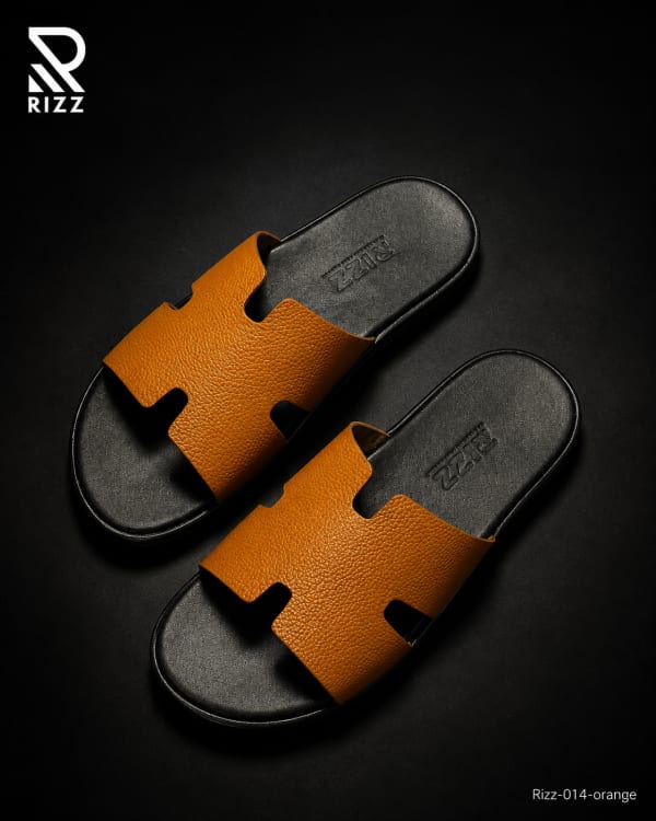 RIZZ 014 Premium H-Strap Grain Leather Slide Sandal - Tan Orange — handcrafted leather by RIZZ Leather