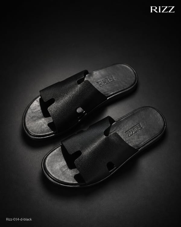 RIZZ 014-D Premium H-Strap Grain Leather Slide Sandal - Black — handcrafted leather by RIZZ Leather