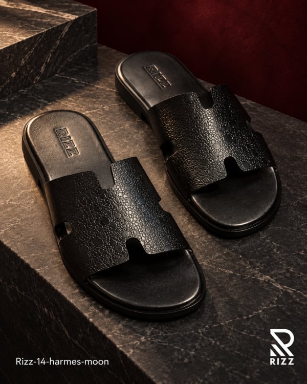 RIZZ Harmes Moon Black Leather Slide Sandals for Men — 100% genuine leather handcrafted leather by RIZZ Leather
