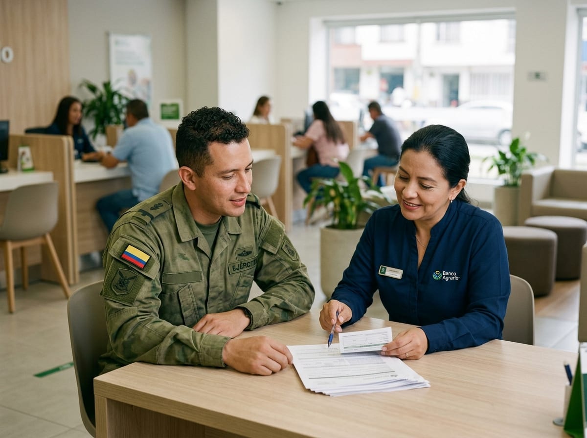 Militar recibiendo asistencia financiera en un banco