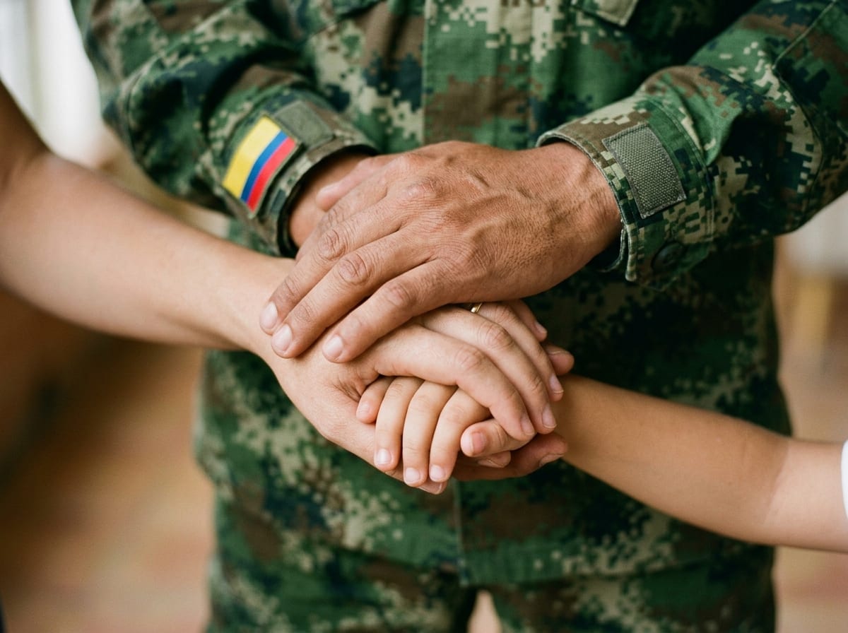 Militar abrazando a su familia en casa
