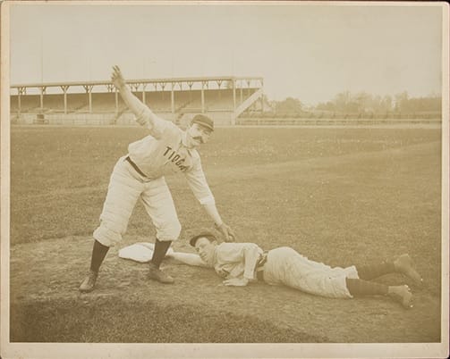Oversized baseball cabinet photograph posed action scene c.1880s-90s Type 1
