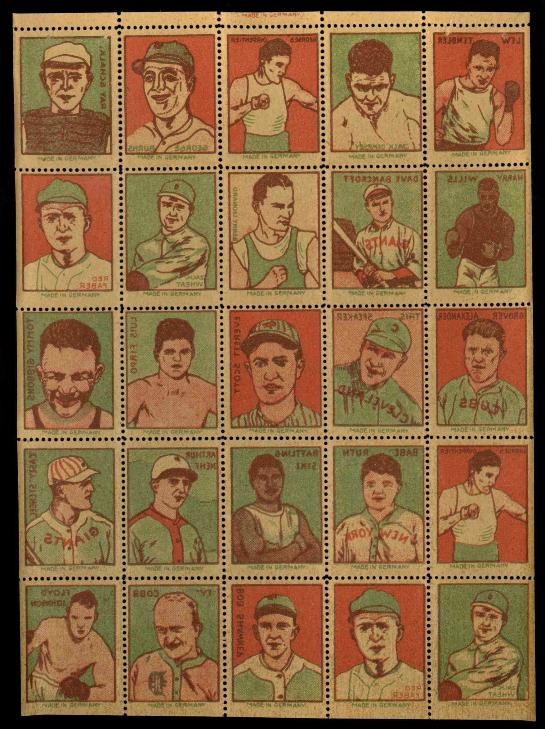1925 German Sports Stamps Complete Set on uncut sheet (25 pcs) w/ Ruth Ty Cobb