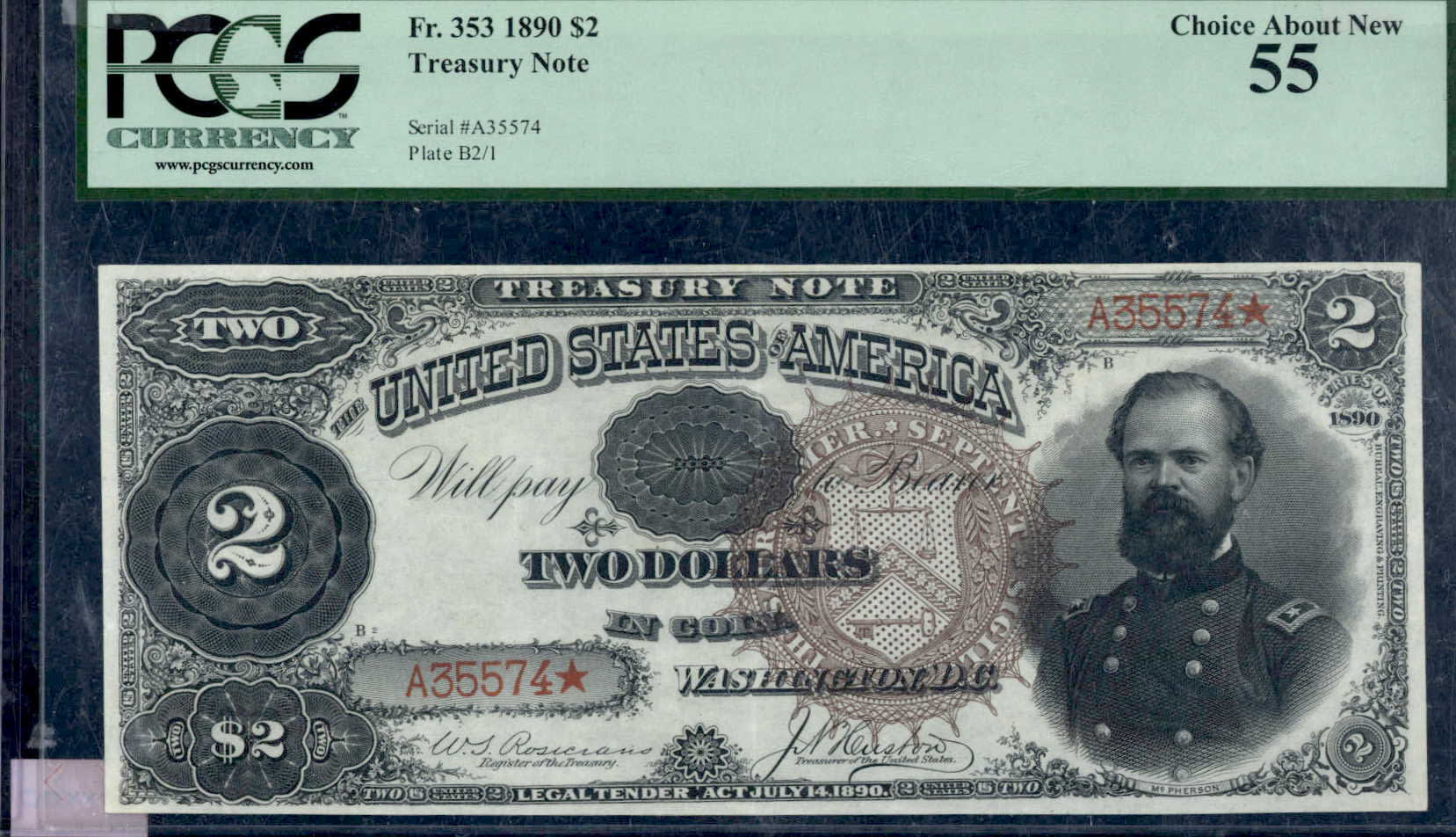 US $2 McPherson Treasury Note Fancy Back FR 353 PCGS 55 Choice About New