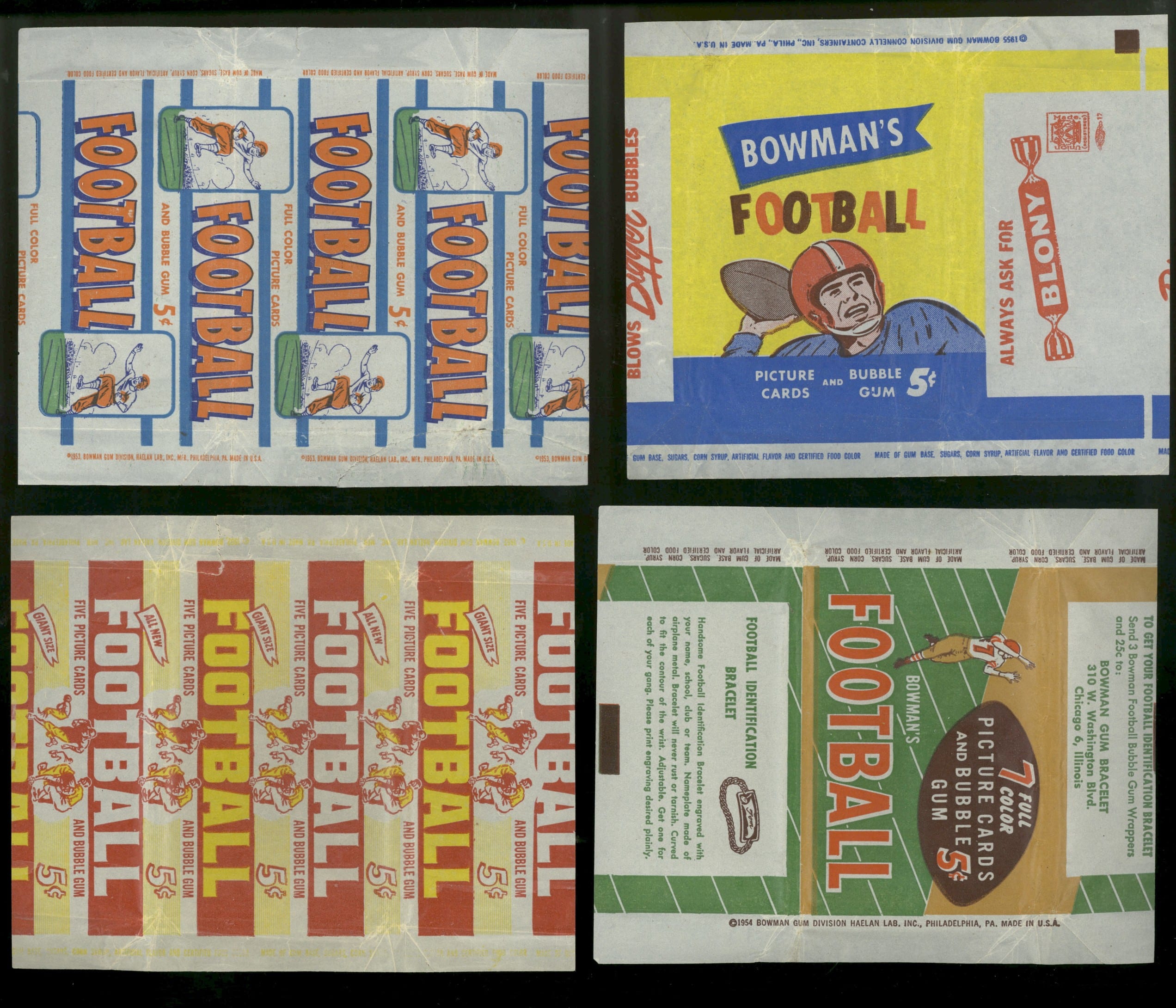 1952 through 1955 Bowman Football 5 Cent Wax Pack Wrappers (Lot of 4)