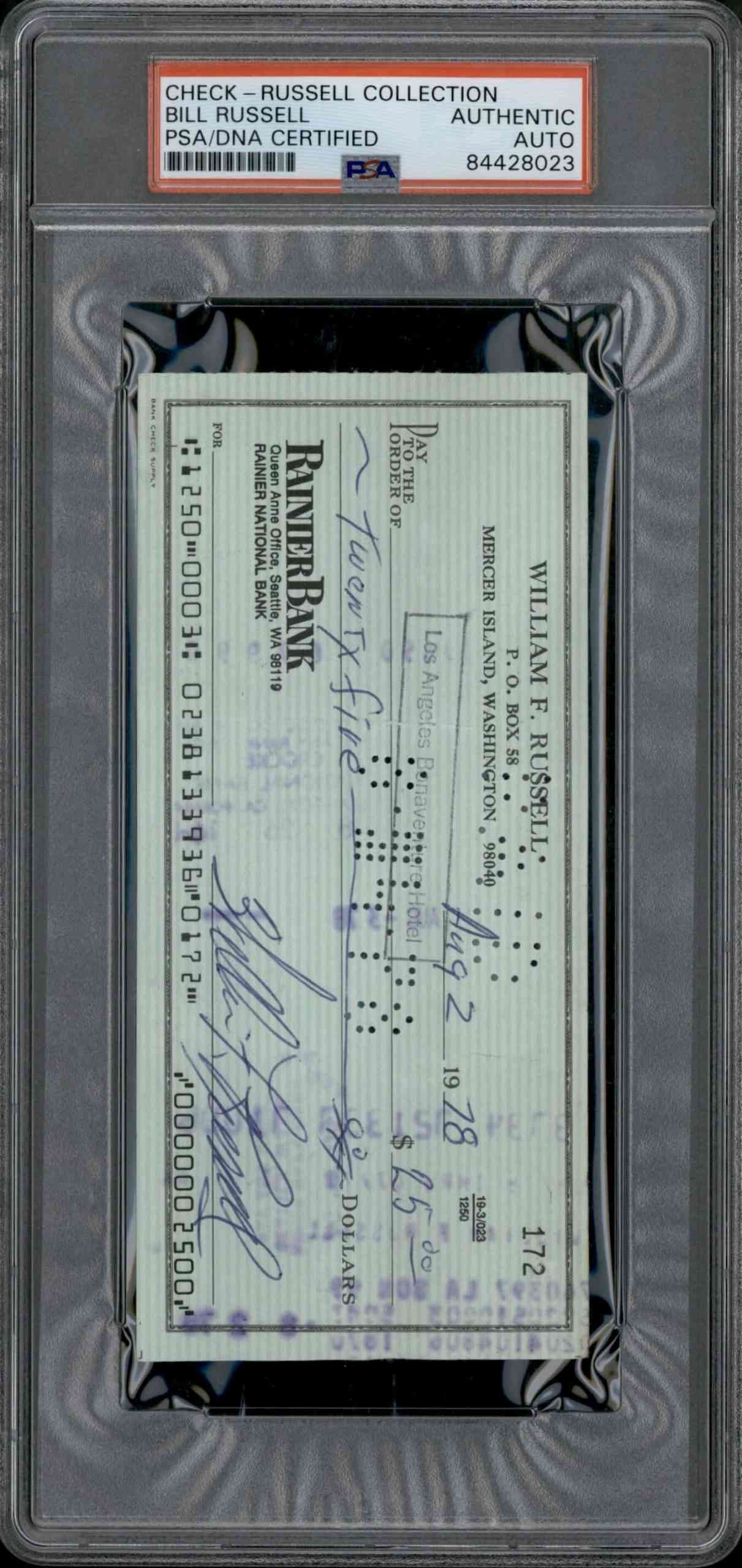 1978 Bill Russell Autographed personal Check PSA/DNA Certified from his personal collection