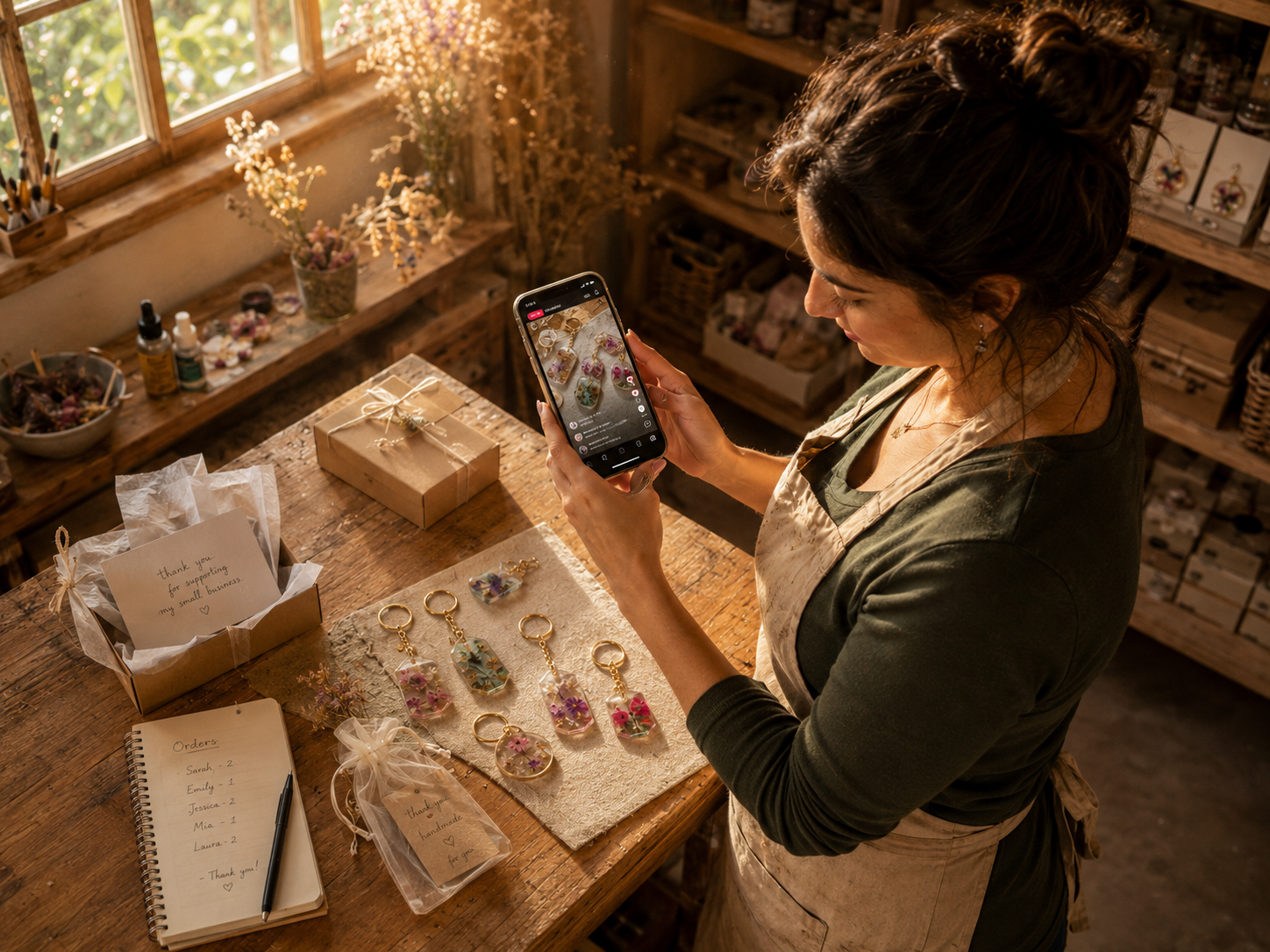 Emprendedora mostrando productos artesanales en redes sociales