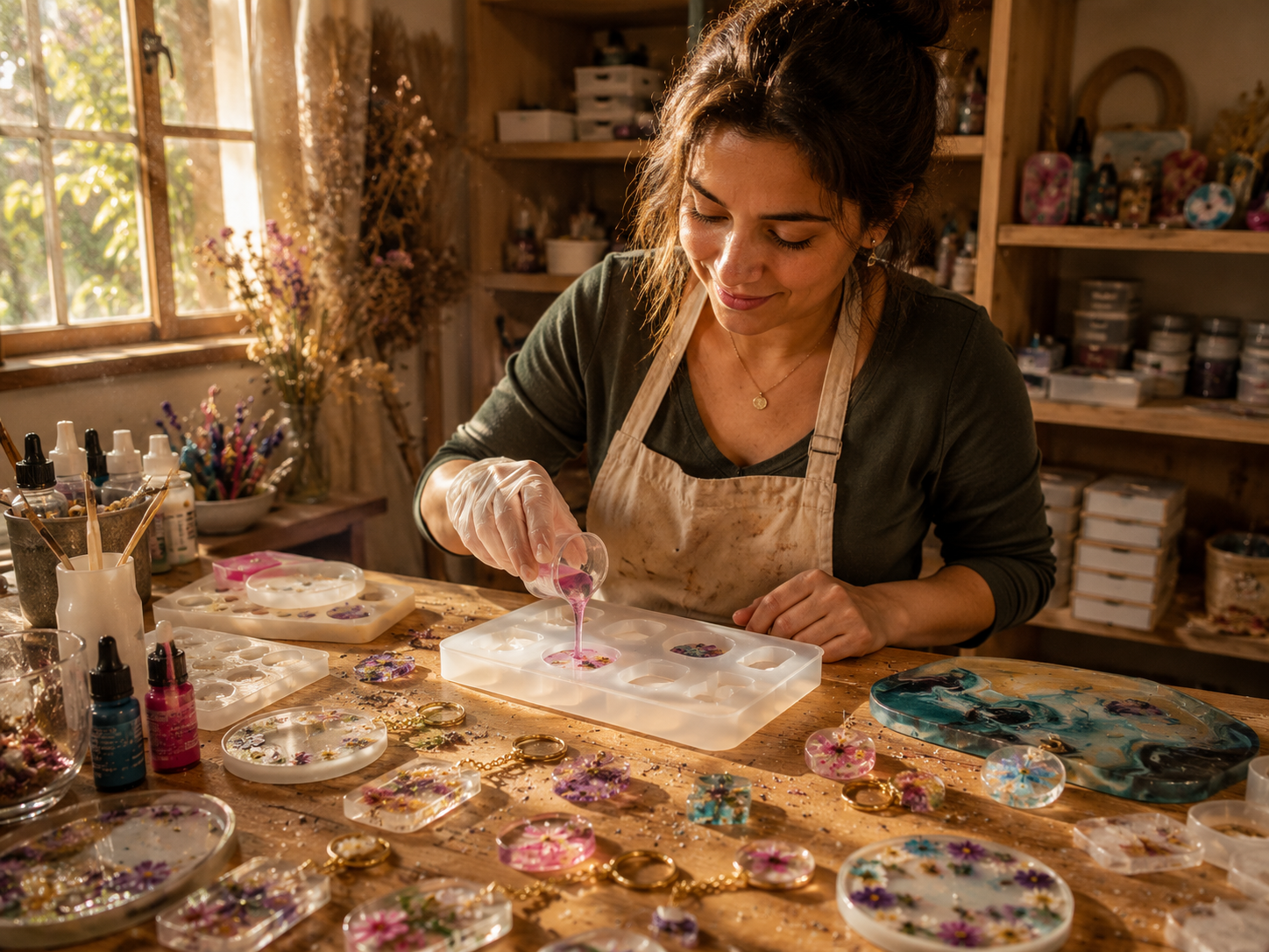 Mujer creando accesorios de resina desde casa