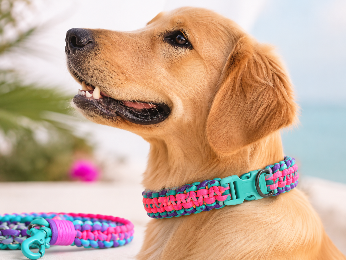 Perro con collar artesanal de paracord colorido