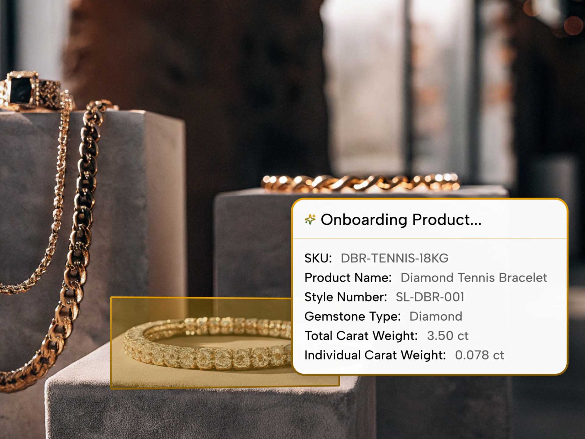 Luxury jewelry pieces with detailed product information