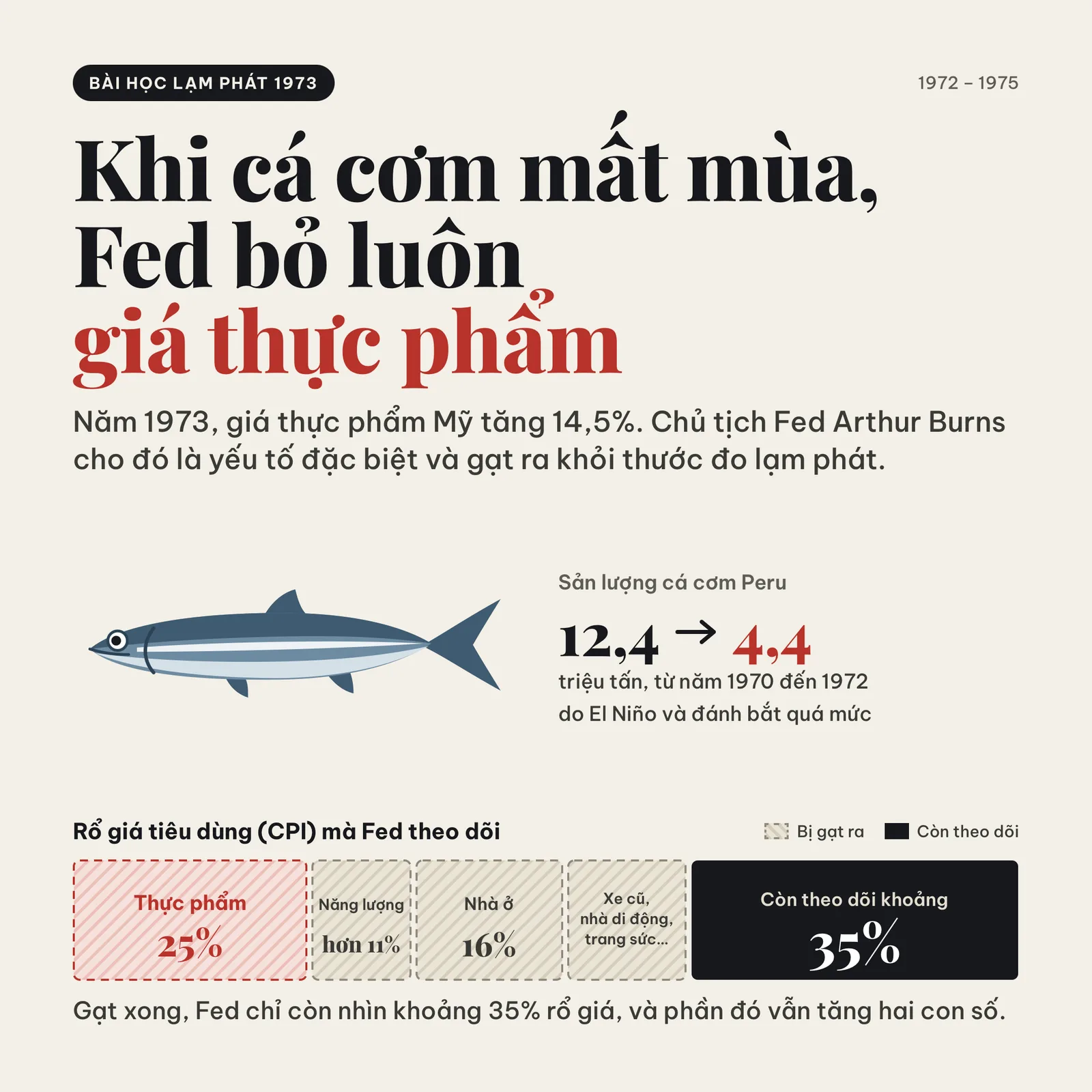 Rổ giá tiêu dùng CPI mà Fed theo dõi: thực phẩm 25%, năng lượng hơn 11%, nhà ở 16% và một số nhóm khác bị gạt ra, chỉ còn theo dõi khoảng 35%