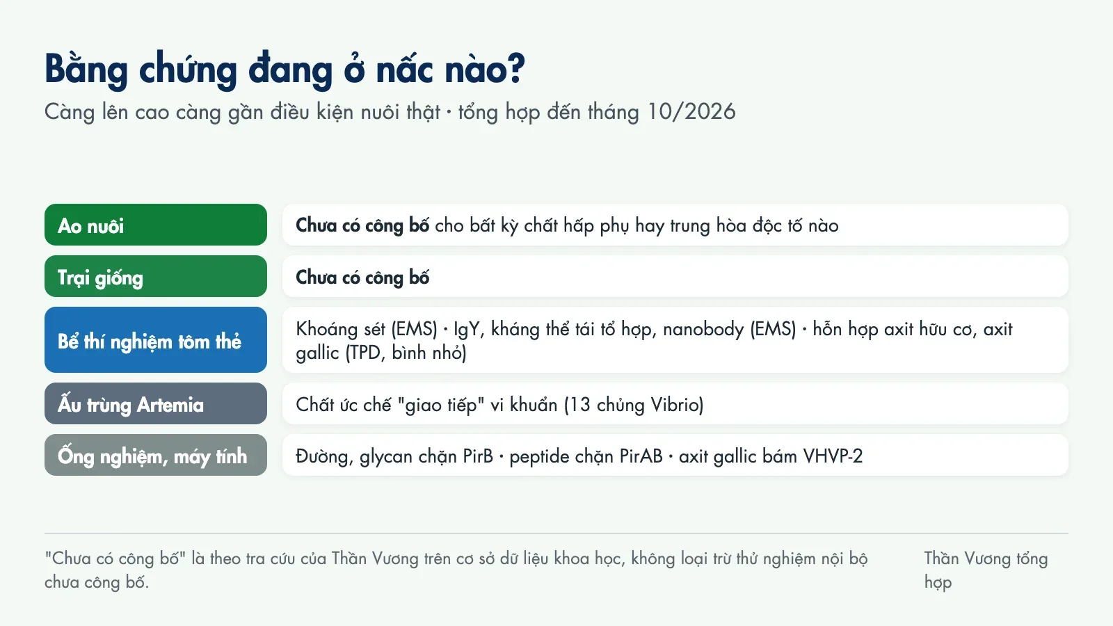 Thang bằng chứng: ao nuôi và trại giống chưa có công bố; bể thí nghiệm tôm thẻ có khoáng sét, IgY, kháng thể tái tổ hợp, nanobody, hỗn hợp axit hữu cơ, axit gallic; ấu trùng artemia có chất ức chế quorum sensing; ống nghiệm và máy tính có đường, glycan, peptide