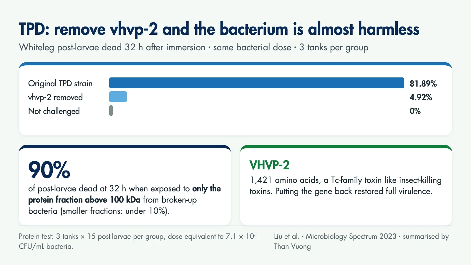 Chart: at 32 hours the original TPD strain killed 81.89% of post-larvae, the vhvp-2 deletion strain 4.92%, the unchallenged group 0%; the protein fraction above 100 kDa alone killed 90%