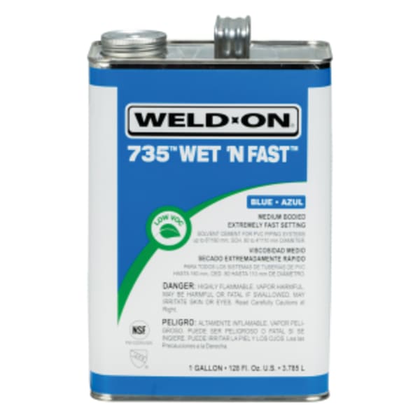 Weld-On 735 Wet ëN Fast PVC Solvent Cement, Blue, Low VOC, High Strength, Medium Bodied, Extremely Fast Setting, 1 Gallon (128 Fl. Oz.)