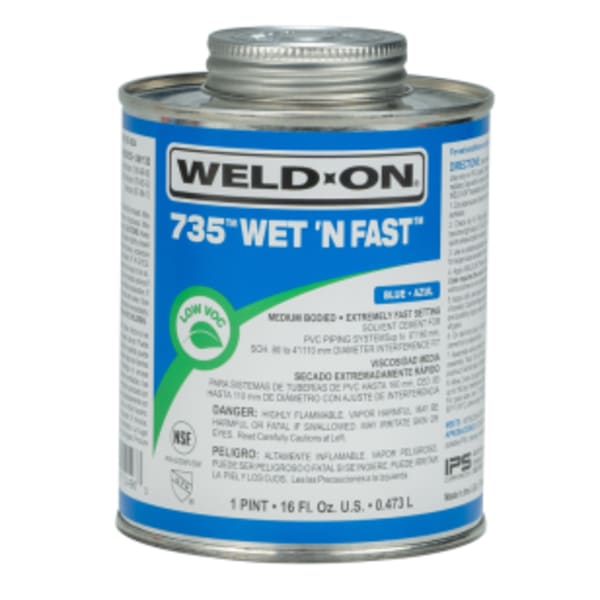 Weld-On 735 Wet ëN Fast PVC Solvent Cement, Blue, Low VOC, High Strength, Medium Bodied, Extremely Fast Setting, 1 Pint (16 Fl. Oz.)