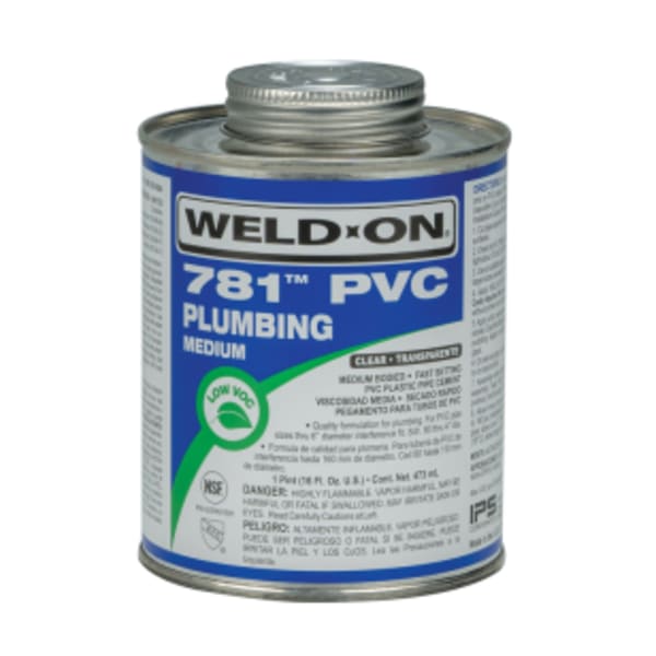 Weld-On 781 PVC Plumbing Solvent Cement, Clear, Low VOC, High Strength, Medium Bodied, Fast Setting, 1 Pint (16 Fl. Oz.)