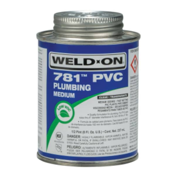 Weld-On 781 PVC Plumbing Solvent Cement, Clear, Low VOC, High Strength, Medium Bodied, Fast Setting, 1/2 Pint (8 Fl. Oz.)