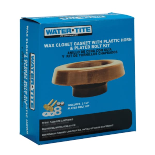 Water-Tite 82554 Standard Wax Closet Gasket with Plastic Horn and Brass-Plated Closet Bolt Kit, 100% Pure Petroleum, Brown