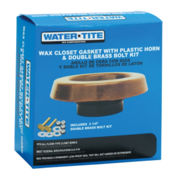 Water-Tite 82557 Standard Wax Closet Gasket with Plastic Horn and Double Nut Brass Closet Bolts, 100% Pure Petroleum, Brown