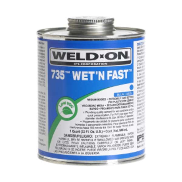 Weld-On 735 Wet ëN Fast PVC Solvent Cement, Blue, Low VOC, High Strength, Medium Bodied, Extremely Fast Setting, 1 Quart (32 Fl. Oz.)