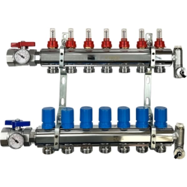 7 Branches - 1 1/2 Chrome Plated Brass Manifold Assembly w/Flowmeter and ball valve