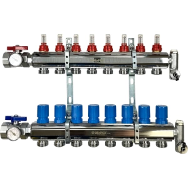 8 Branches - 1 1/2 Chrome Plated Brass Manifold Assembly w/Flowmeter and ball valve