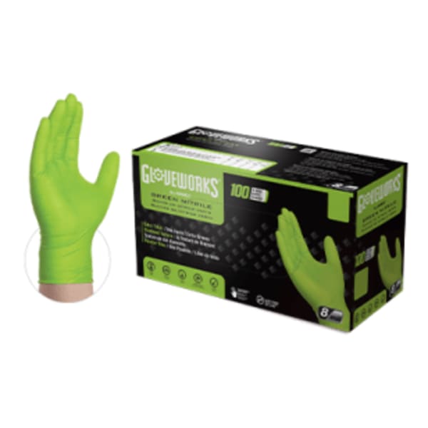 Large - Gloveworks® Industrial Green Nitrile Gloves with Raised Diamond Texture Box of 100