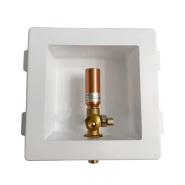 Plastic Ice Maker Box With Hammer Arrester - White, 1/2" Copper Sweat x 1/4" Compression