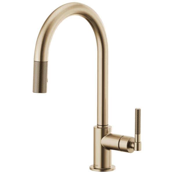 Pacific Plumbing Supply Company  Brizo Litze®: Pull-Down Faucet with Arc  Spout and Knurled Handle in Luxe Gold
