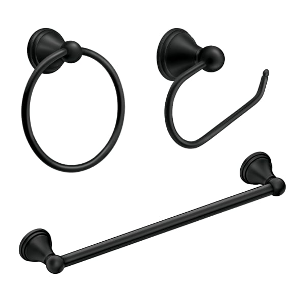 Pacific Plumbing Supply Company  Moen Preston 3-Piece Bathroom Accessory  Set with Toilet Paper Holder, Towel Ring, and 18-Inch Towel Bar in Matte  Black