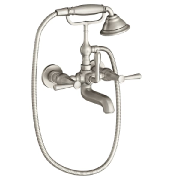 Fitzgerald® Wall Mount Bathtub Faucet with Hand Shower and Lever Handles in BRUSHED NICKEL
