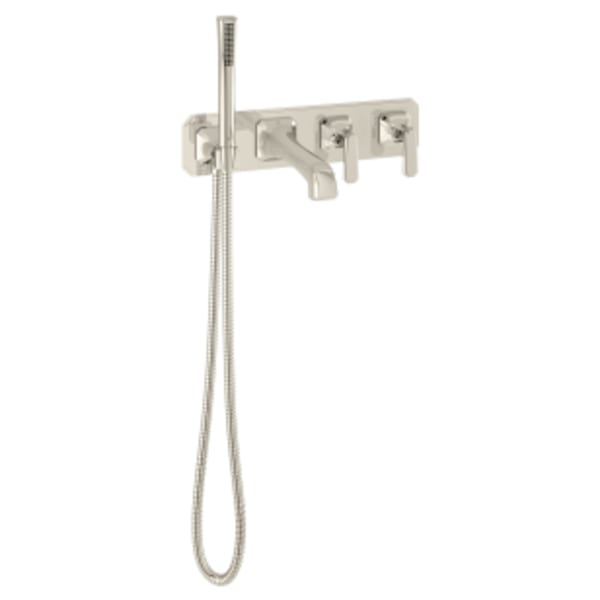 Belshire 2-Handle Wall Mount Bathtub Faucet with Hand Shower and Lever Handles in PLATINUM NICKEL