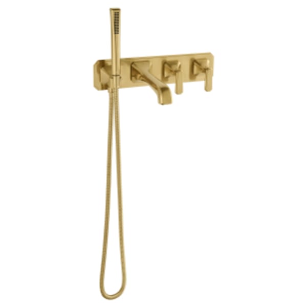 Belshire 2-Handle Wall Mount Bathtub Faucet with Hand Shower and Lever Handles in SATIN BRASS