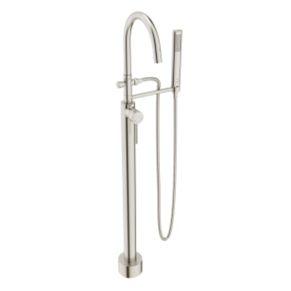 Equility® Round Floor Mount Bathtub Filler with Hand Shower and Lever Handle in BRUSHED NICKEL