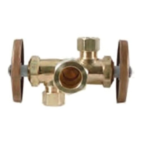 1/2" x 3/8" x 1/4" Dual Angle Stop - Comp, Rough Brass