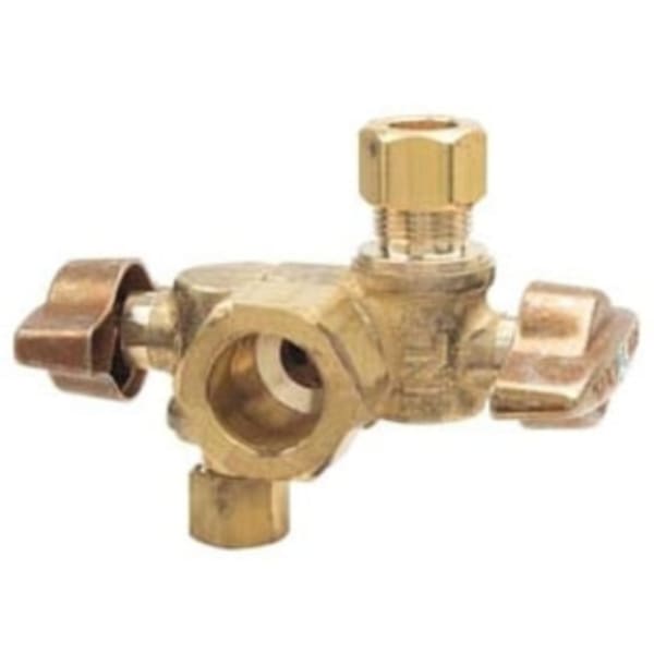 1/2" x 3/8" x 1/4" Dual Angle Stop - Comp, Rough Brass